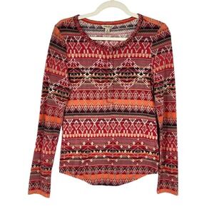 Lucky Brand Top Womens Medium Thermal Henley Red Fair Isle Cotton Blend‎